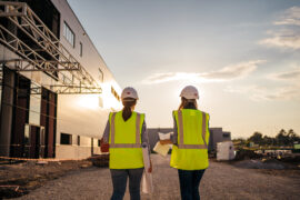 Female construction engineers with helmet walking through the construction site and making plans for their project.